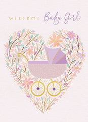 GREETING CARD BABY PINK PRAM M&G