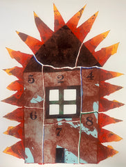 Burning House, Gouache Woodcut